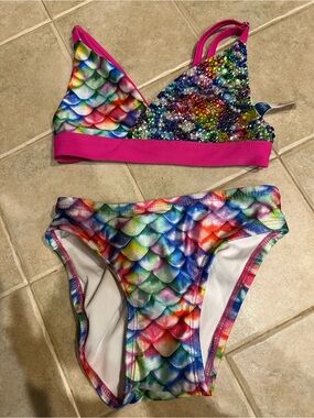 Girls' Multicolor Mermaid Scale Bikini with Pink Trim